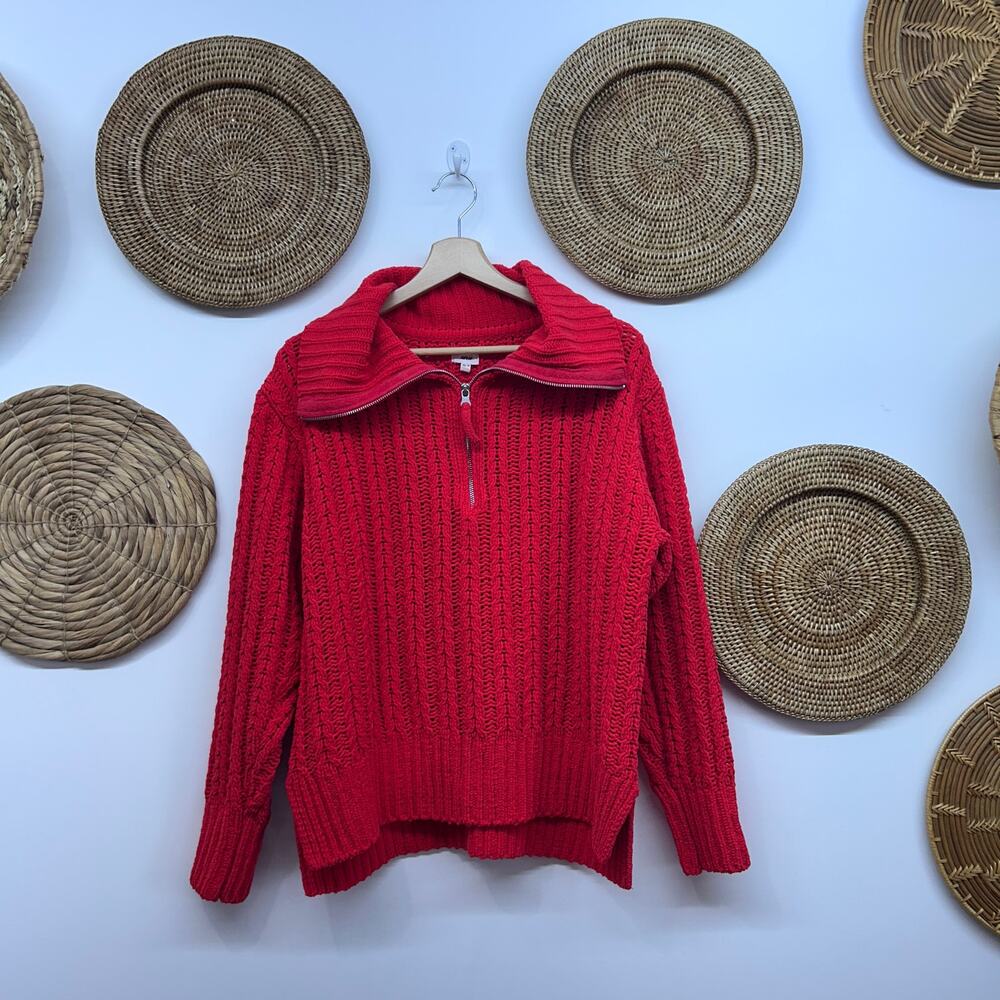 Aerie Red Quarter Zip Collared Knit Sweater XS Oversized Cozy